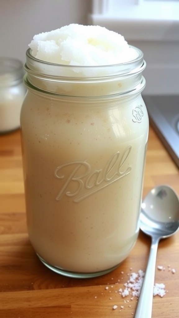 Homemade Yeast Starter Recipe A bubbly yeast starter in a glass jar on a wooden countertop with sugar.